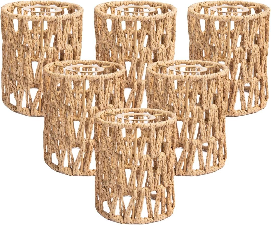 Defined Deco 6 Pack Rattan Lamp Shade,5x5x6Inch Chandelier Shades,Boho Small Lamp Shades Replacement,Cylinder Woven Lampshade for Floor Lamps,Table Lamp,Pendant Light,Wall Sconces Light Fixture