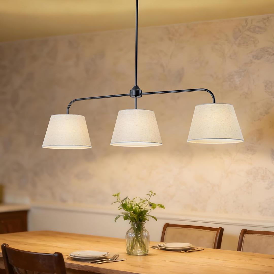 40" Linear Chandeliers for Dining Room, Black Kitchen Island Lighting | Linen Drum Shades, 3-Light Modern Dining Room Light Fixture, Linear Pendant Light for Kitchen Island Over Table, E26