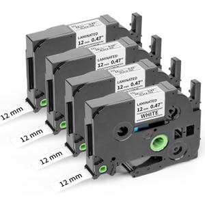 Replace for Brother Label Maker Tape Tze Tz Tape 12mm 0.47 Laminated White Compatible with Brother P Touch Label Tape 1/2" Black on White TZe-231 TZE231 for PT-D210 D220 H110 D400 D410 D600, 4-Pack