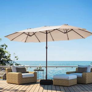 JEAREY 15ft Large Patio Umbrella with Base, Outdoor Rectangle Umbrella Double-Sided Market Umbrella with Stand for Pool, Deck, Backyard and Garden, Beige