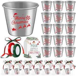 Roshtia 15 Sets Christmas Shot Glasses Bulk Christmas Favors for Guests Stainless Steel Shot Glasses 1.5 oz Cups with Xmas Tag Cards Cellophane Treat Bags for Stocking Stuffer Gift Supplies