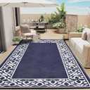 Outdoor Plastic Straw Rug Navy Blue Large Outside Waterproof Outdoor Patio 8x10 Carpet Geometric Reversible Mat Modern for Camping RV Porch Deck Balcony Beach 