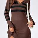 Saodimallsu Womens Striped Sweater Dress V Neck Collared Long Sleeve Slim Fit Ribbed Knit Trendy Mini Dresses (Black)
