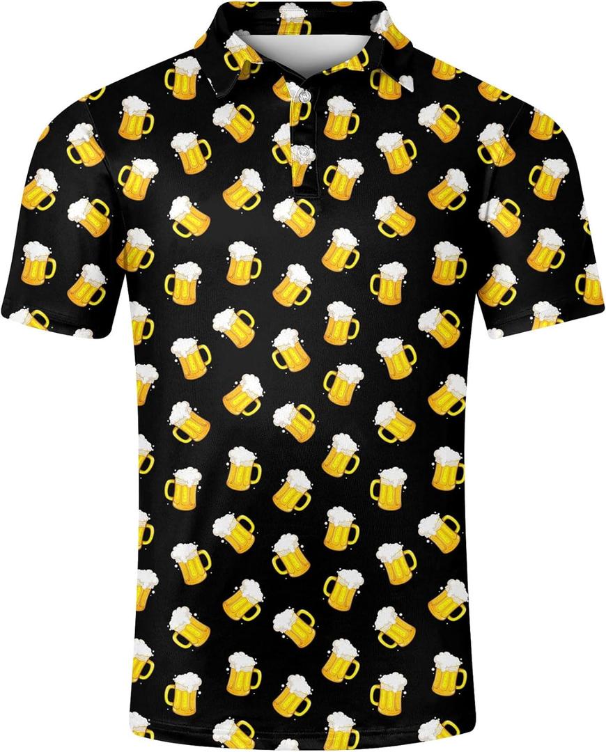 Fanient Men Golf Polo Shirts Short Sleeve 3D Printed Dry Fit Moisture Wicking 4-Way Stretch Summer Athletic Polo Shirts (Black, M)