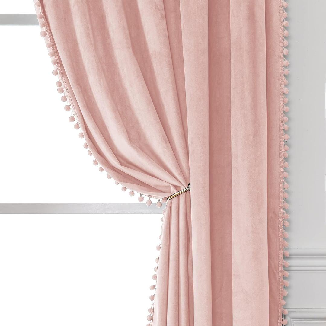 Victree Pom Pom Velvet Curtains for Bedroom, Blackout Curtains 42 x 96 inch Length - Room Darkening Sun Light Blocking Rod Pocket Window Drapes for Living Room, 2 Panels, Pink