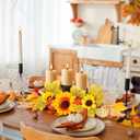 Thanksgiving Dining Table Centerpiece with 3 Wick Candle Holders Fall Candelabra Centerpiece Harvest Autumn Fall Decorations Holiday Candleabrum Decorated with Sunflower Blooms Pumpkin Maple Leaves
