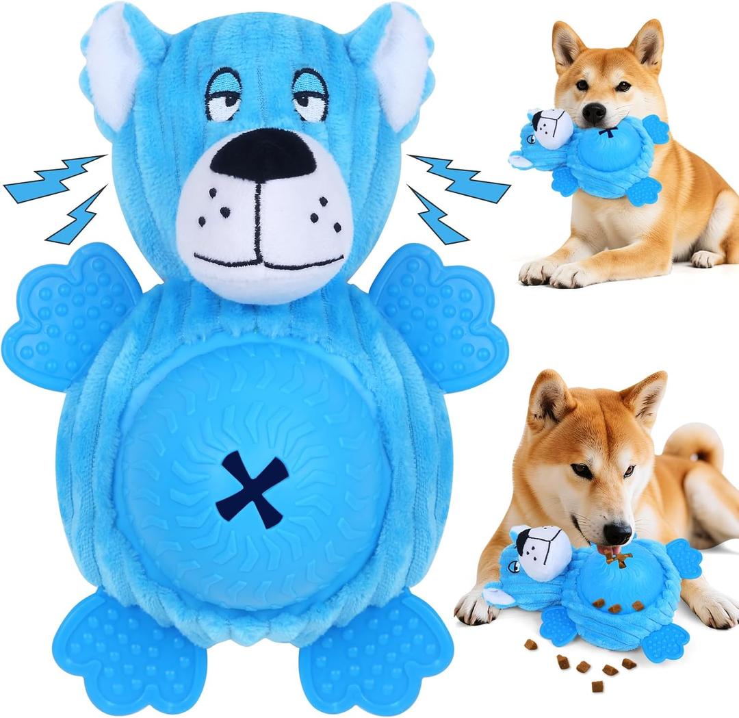 Interactive Dog Toys, Plush Dog Toy with Treat Dispensing Ball, Squeaky Dog Toy with Cute Plastic Paws for Playing,Slow Eat Hiding Food Enrichment Toy for Small & Medium Breeds (Blue)