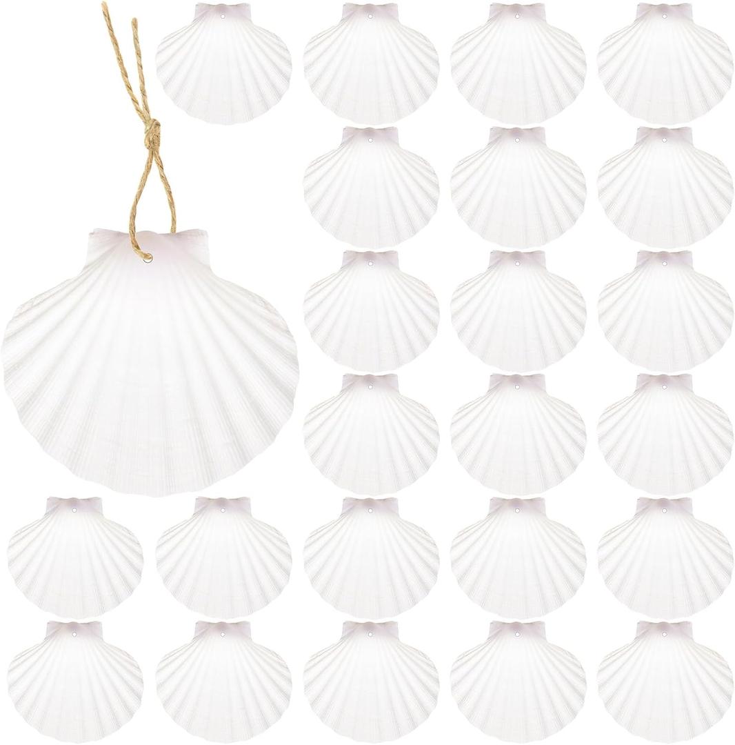 24Pcs Scallop Shells White Natural Seashell 2"-3" Perforation Scallop Shells with Rope for Christmas Tree Ornaments & DIY Hanging Home Deocration Craft