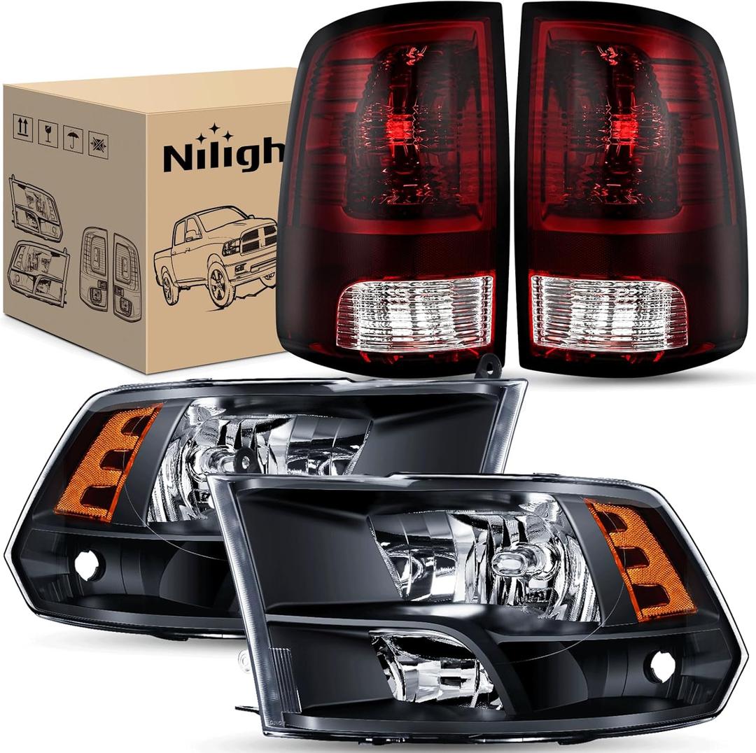 Nilight Headlight and Taillight Assembly Combo Compatible with 2009 2010 2011 2012 2013 2014 2015 2016 2017 2018 Dodge Ram for Quad Models Black Housing Amber Reflector with Dark Red Tail Light