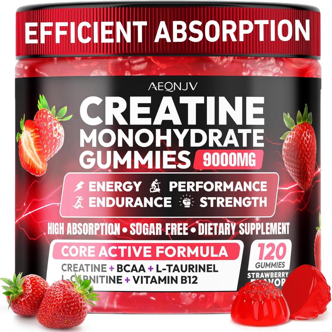 Creatine Gummies Monohydrate Complex 9000MG, Chewable Creatine Monohydrate Gummies for Men & Women with L-Taurine, BCAA 2:1, B12/6, Building Muscle Strength and Boost Focus, 30 Days Supply (135 Pcs) (EXP 04/29/2027)