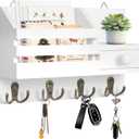 Key Holder Wall Mount, Wooden Adhesive Mail and Key Organizer with Drawer, Small Shelf, 8 Hooks, 2 Installation Methods, White