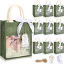 Sweetude 10 Pack Wedding Burlap Bags Bulk with Handle Jute Tote Bags with Clear Window Party Gift Bachelorette Favor with Thank You Cards Reusable Welcome Gift Supplies, 10.5x 8x 4.25 in (Green)
