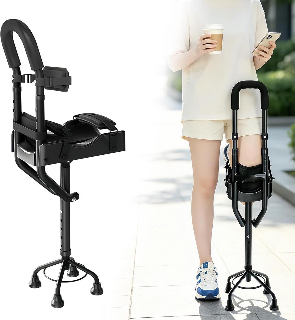 Hands Free Knee Crutch with 4-Prong Stable Base, Lightweight Aluminum Leg Support for Foot & Ankle Surgery Recovery, Left or Right Leg Walker Alternative with Replacement Pad Set,