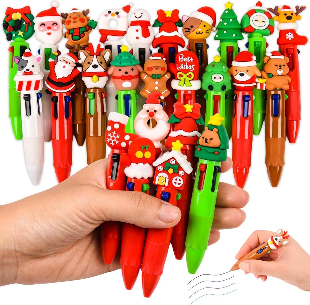 LiYiQ 25 Pcs Christmas Colorful Multicolor Pen in One Cartoon Cute Fun 4-in-1 Cute Pens Bulk Kawaii Christmas Tree Snowman Santa Claus Reindeer Shape Cool Ballpoint Pens for Fun Gifts