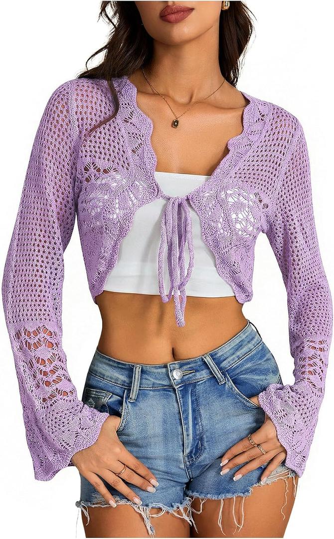 OYOANGLE Women's Crochet Tie Front Sweater Cardigans Bell Sleeve Knitted Cropped Bolero Shrug Cardigan, Small
