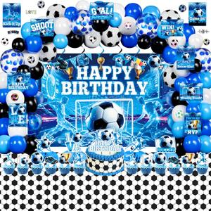 Soccer Party Decorations for Boys, 171Pcs Blue Soccer Ball Birthday Party Decor Supplies - Backdrop, Sticker, Balloons, Cake Toppers, Tablecloth, Centerpieces, Hanging Swirls, Wall Signs
