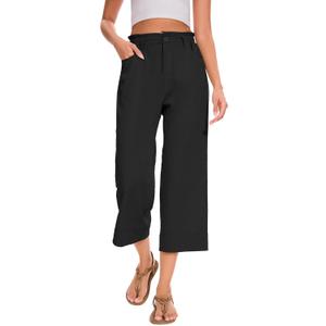 FUNYYZO Women Summer Capri Pants Trousers Drawstring Waist Wide Leg Casual Loose Fit Dressy Pants Black, Size XS