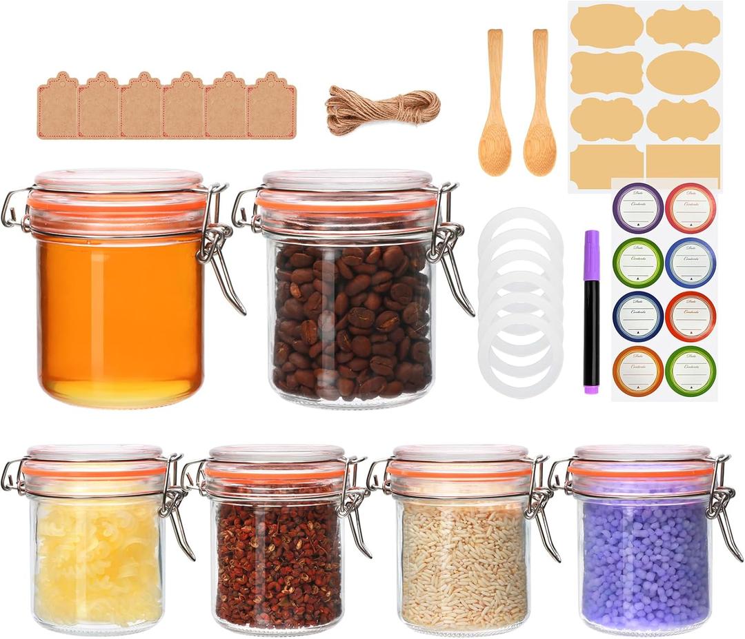 Flrolove 8 oz Small Airtight Glass Jars with Lids,Glass Food Storage Canisters with Lids, Mini Airtight Storage Container for Kitchen Canning, Spice, Honey, Nuts, Snacks, Flour, Set of 6