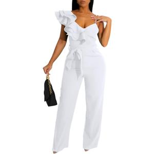 kaimimei Womens Casual Jumpsuits V-Neck Sleeveless Ruffle Backless Belted Wide Leg Pant Sexy Romper Party Clubwear (Large, White)