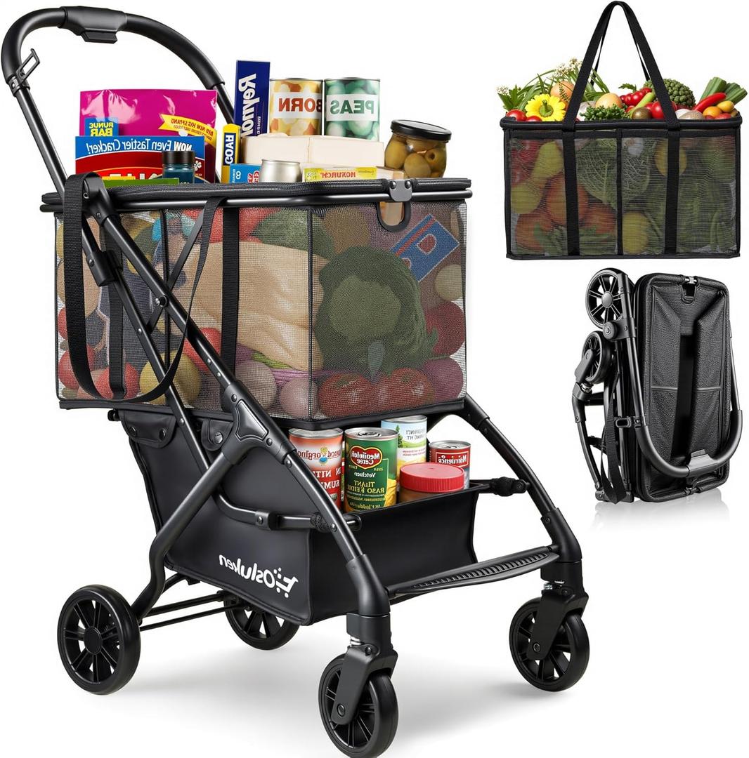Folding Shopping Cart with Wheels, 75lbs Multi Use Grocery Carts with 360 Wheels & Removable Tote Bag, Multifunctional Portable Personal Shopping Carts for Groceries