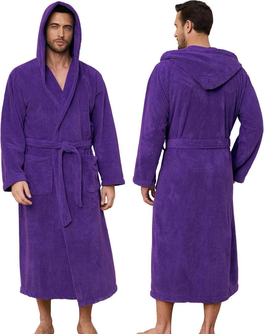 PJGGZ Men's Bathrobes with Hood, Soft Long Towel Robe for Men - Super Absorbent Quick Dry yet Warm (Large-X-Large, Purple)