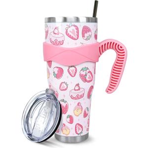 Strawberry 40 Oz Tumbler with Handle and Straw, Cute Stainless Steel Vacuum Insulated Tumbler Iced Coffee Cup Water Bottle Travel Mug, Strawberry Gifts for Women Decor Stuff Pink