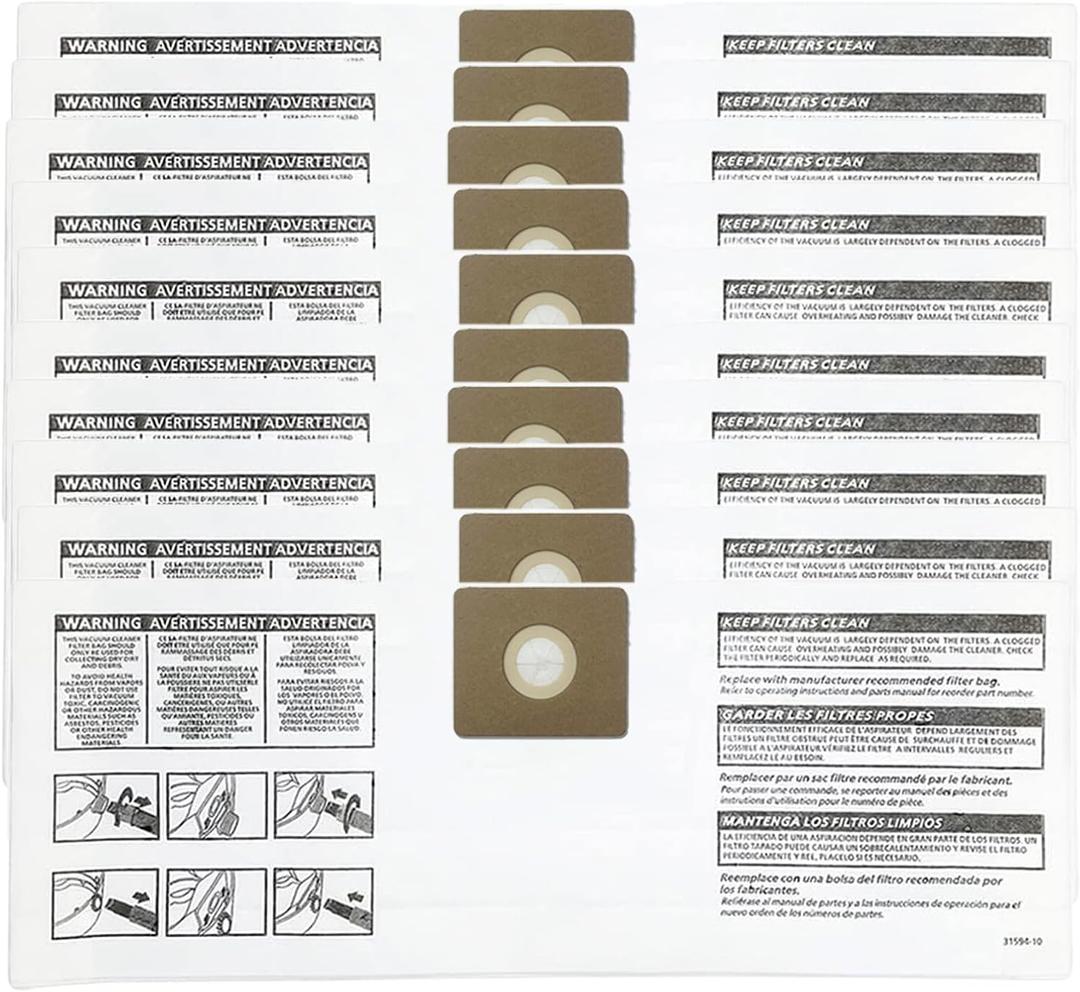 10 Pack 90669 All Around Collection Bags, part # 9066900 9066933, compatible with Shop-Vac 3 Gallon Wet/Dry Vacs, Type C Vacuum Bags