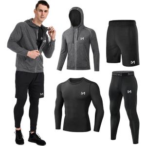 MEETYOO Mens 5pcs Men's Compression Sets Pants Long Sleeve Shirt Athletic Shorts Running Jacket (L)