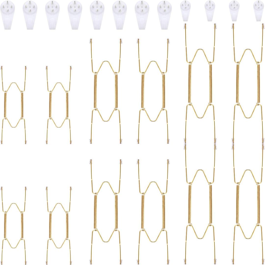 12 Pieces Plate Hangers for Wall Stainless Steel Wire Invisible Plate Hangers Heavy Duty Display Holders with 12 Pieces Hooks for Wall Decorative(8/12/14 Inch,Gold)