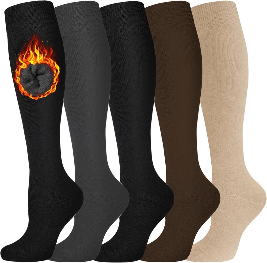 5 Pairs Warm Knee High Socks for Women-Thermal Cotton Socks for Hiking,Work,Winter,Gifts (One Size, 5pack Black/Grey/Brown/Beige/Black)