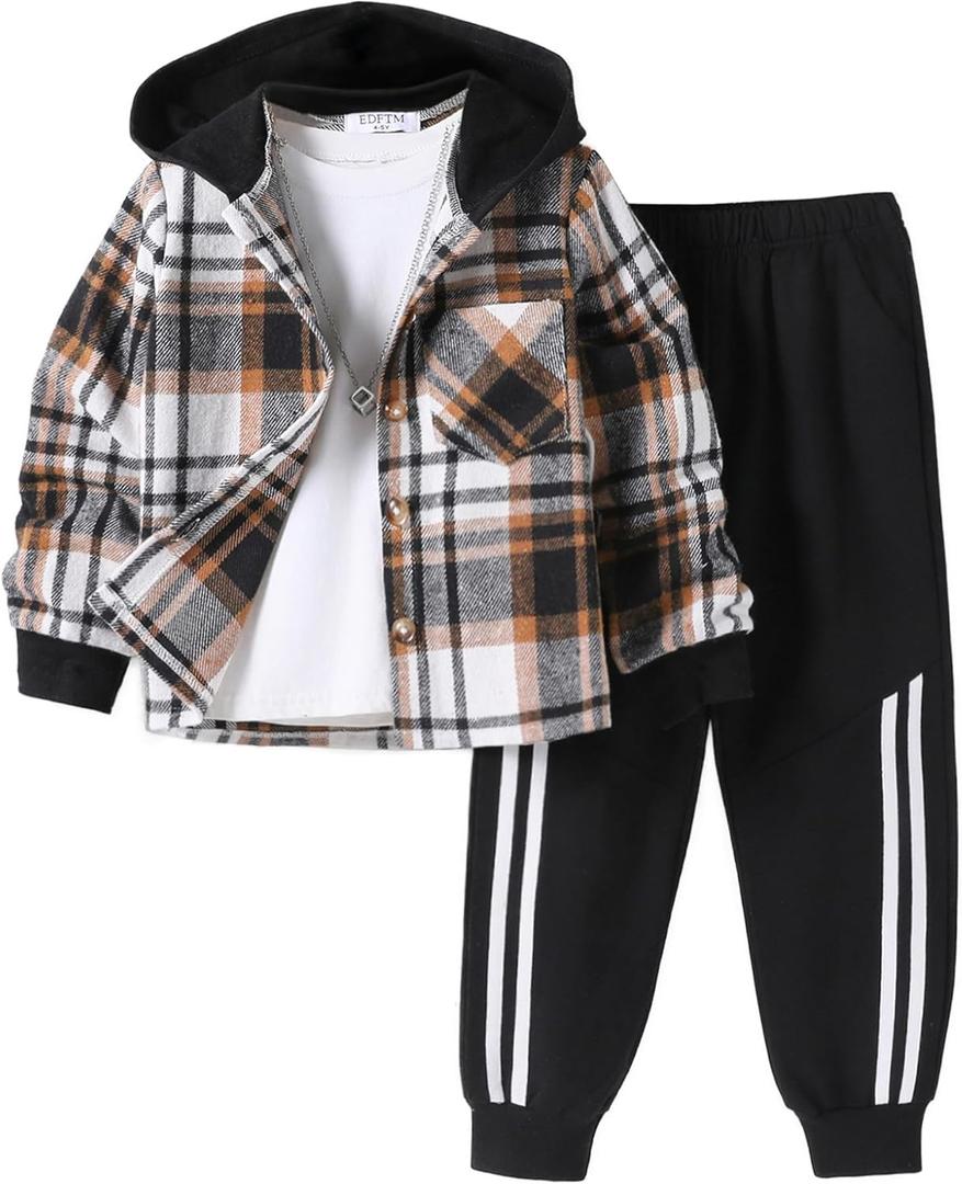 2Pcs Kids Boys Sweatsuit Hoodie Flannel Plaid Shirt Tops and Jogger Pants for Kids Fall Winter Spring Outfits (5-6 Years, Black)