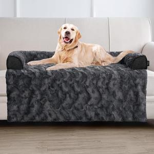 blunique Calming Extra Large Dog Bed for Couch, 45 x 37 inch Removable Couch Cover for Dogs Washable, Non-Slip Fluffy Plush Dog Sofa Mat for Furniture Protector - Dark Grey