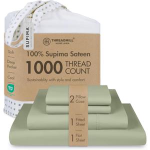 Threadmill Luxury Supima Cotton Sheets, Luxury 1000 Thread Count Soft 100% Cotton Sheets for Queen Size Bed, 4 Pc Sage Green Bed Sheets Queen Set, 5-Star Hotel Quality Deep Pocket Bed Sheets Set