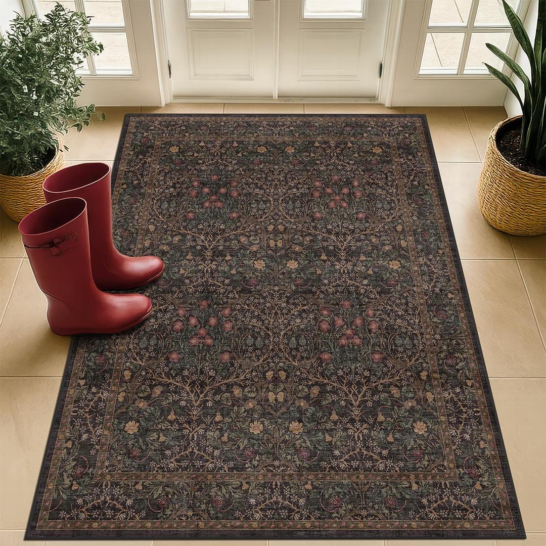 Boho Dark Brown 3x5 Large Entryway Rug - Moody Neutral Washable Low Pile Area Rugs Non-Slip for Mudroom, Door Mat Indoor Entrance, Kitchen, Laundry, Taupe Golden Accent Floral Floor Decor