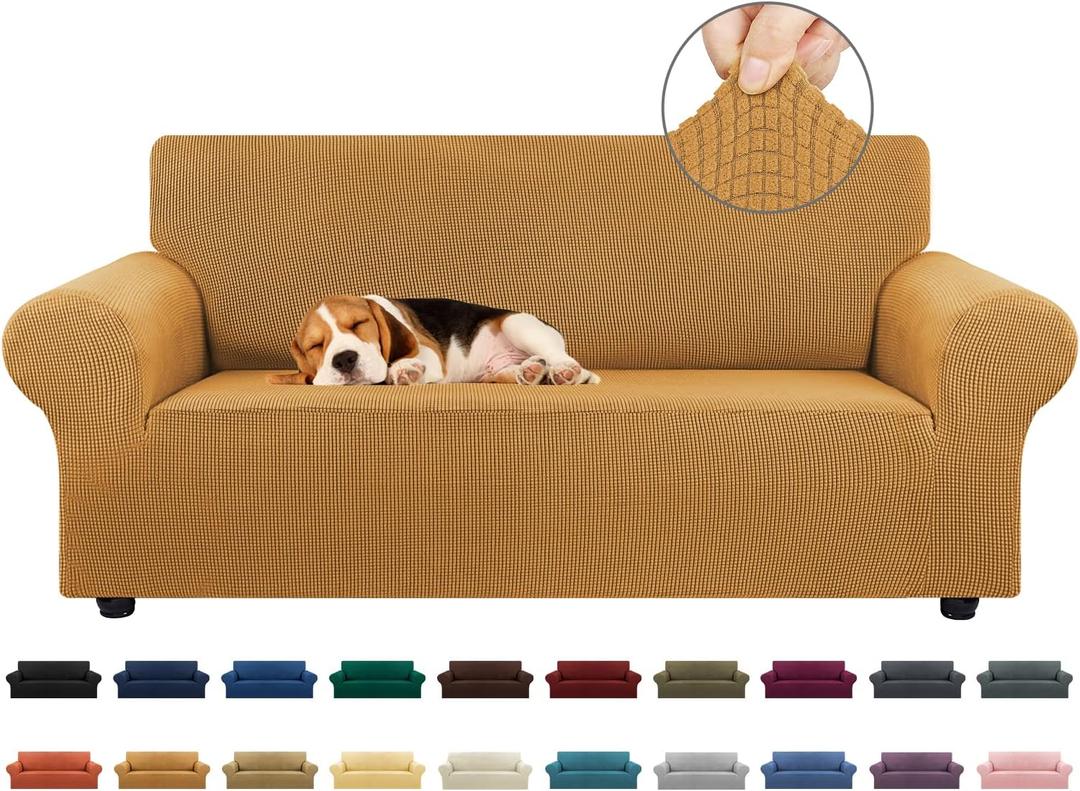 KEKUOU Stretch Loveseat Sofa Cover Slipcover,Couch Covers for 2 Cushion Couch Sofa (55"-78") Furniture Protector Sofa with Elastic Bottom for Kids,Dog. Jacquard Small Checked (Medium,Golden)