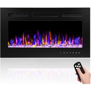 30" Electric Fireplace Wall Mounted and Recessed with Remote Control, 750/1500W Ultra-Thin Wall Fireplace Heater W/Timer Adjustable Flame Color and Brightness, Log Set & Crystal Options