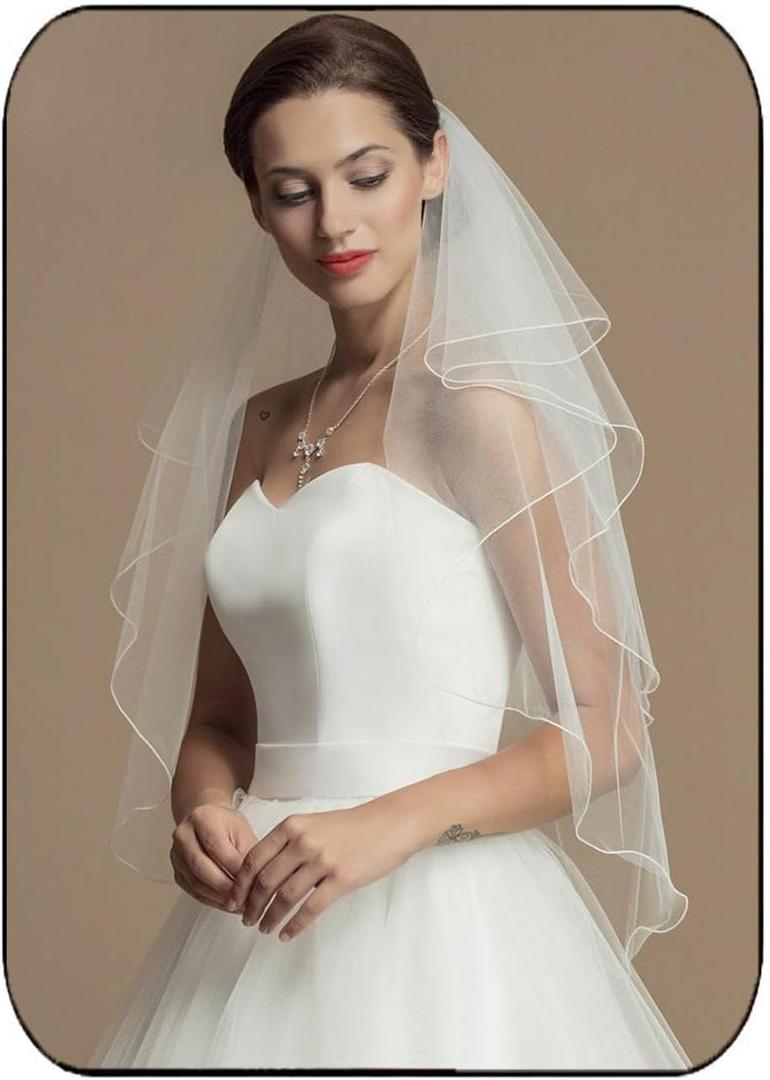 Whisttle 2-Tier Wedding Veil Waist Length Short Bride Hair Accessoies Bridal Tulle with Comb and Pencil Edge (Ivory)