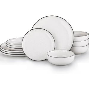 Ceramic Plates and Bowls Sets for 4,12 Pieces White Dinnerware Set for Kitchen, Modern Design Dinner Plates with Black Rim, Stoneware Dishware Sets, Microwave and Dishwasher Safe