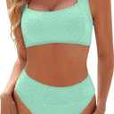 Blooming Jelly Womens High Waisted Bikini Set Tie Strap Jacquard Terry Cloth 2 Piece Swimsuit Modest Cute Retro Bathing Suit (Small, Pearl Aqua)