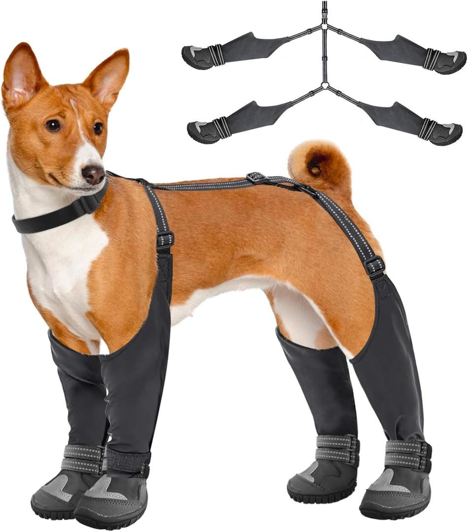 Idepet Dog Suspender Boots, Tall Dog Boots Anti-Slip & Fall Waterproof Shoes Leggings, Adjustable Suspender Boots for Winter Snow Rain Hiking Paws Protector (6, Black)