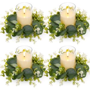 Yunlly 4 Pcs Candle Wreaths Rings Artificial Eucalyptus Wreaths Candle Holder Rings with LED Flameless Candles, 9.5" Wide for Wedding Windows Table Centerpieces, Green and White