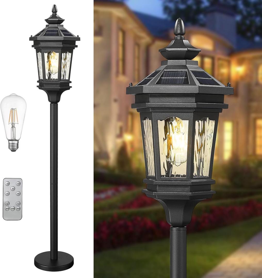 Darkaway Solar Post Light Outside Floor Lamp with Remote Control, Waterproof Outdoor Solar Lighting with Water Ripple Glass Shade for Lawn Pool Garden (49.8inch)