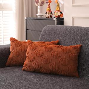 Fall Pillow Covers 12x20 inch Set of 2 for Fall Decorations Autumn Rust Pumpkin Soft Plush Faux Fur Wool Throw Pillow Cushion Covers for Sofa Living Room Couch Bed Home Decor