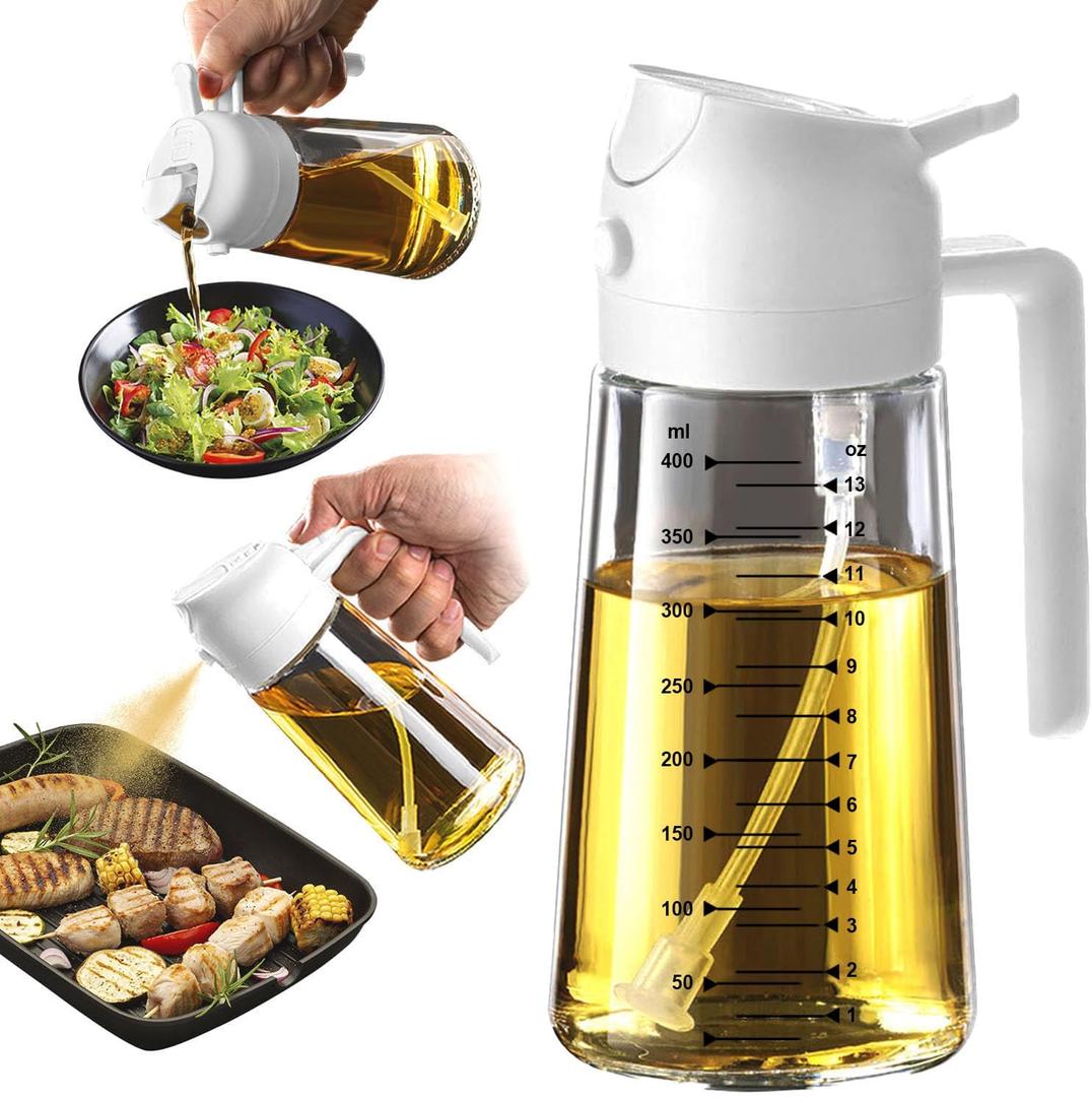 TrendPlain 16oz/470ml Glass Olive Oil Sprayer for Cooking  2 in 1 Olive Oil Dispenser Bottle for Kitchen Gadgets and Air Fryer Accessories, Salad, BBQ - White