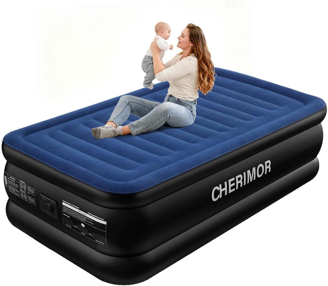 CHERIMOR Twin XL Air Mattress with Built in Pump, Upgraded 80" Length, 18" Raised Twin Blow Up Mattress, Multi-Layer Leakproof & Support 500 lbs, 2-Min Fast Inflation Air Bed for Home Camping Guests
