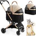 3 in 1 Pet Stroller with 4 Wheels, Foldable Pet Travel Carrier for Small/Medium Dogs Cats up to 50lbs, Detachble Portable Pet Bag, Storage Basket