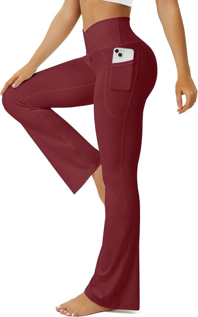 Yoga Pants Women, Flare Leggings for Women with Pockets Crossover High Waisted Bootcut Yoga Pants (Medium, Red)