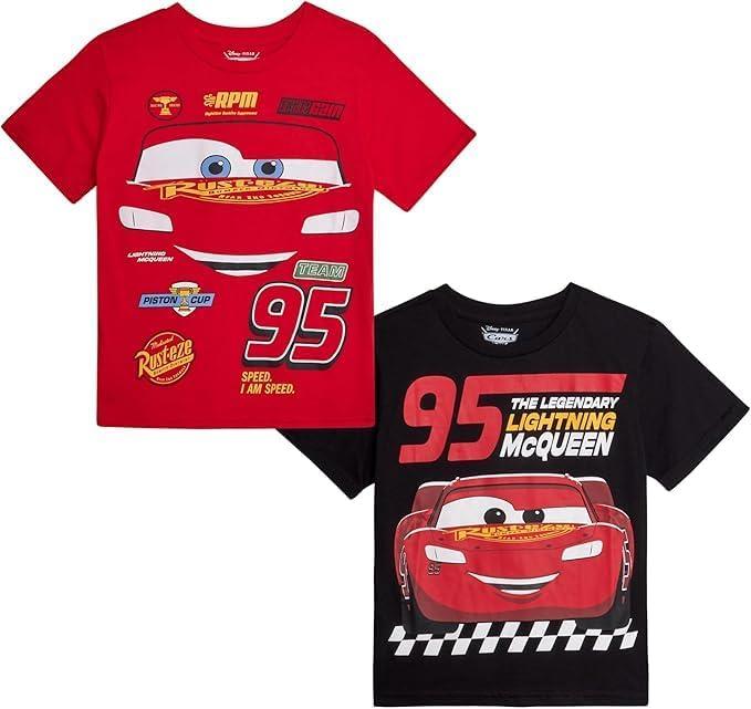 Disney Cars Toy Story Boys Shirts - 2 Pack Lightning McQueen Buzz Lightyear Short Sleeve Boys Tees for Toddler and Little Boy (5-6, Cars Black/Red)