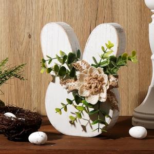 Treory Easter Decorations for the Home: Rustic Antique Wooden Bunny Happy Easter Table Centerpiece Signs, Farmhouse White Rabbit with Flowers Wood Bunny Easter Decorations for Table, Cute Easter Gifts