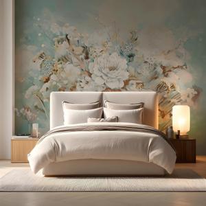 Vintage Floral Wall Mural Large White Peony Bloom on Blue Background, Removable Peel and Stick Wallpaper for Dining Room, Living Room, or Bedroom Decor